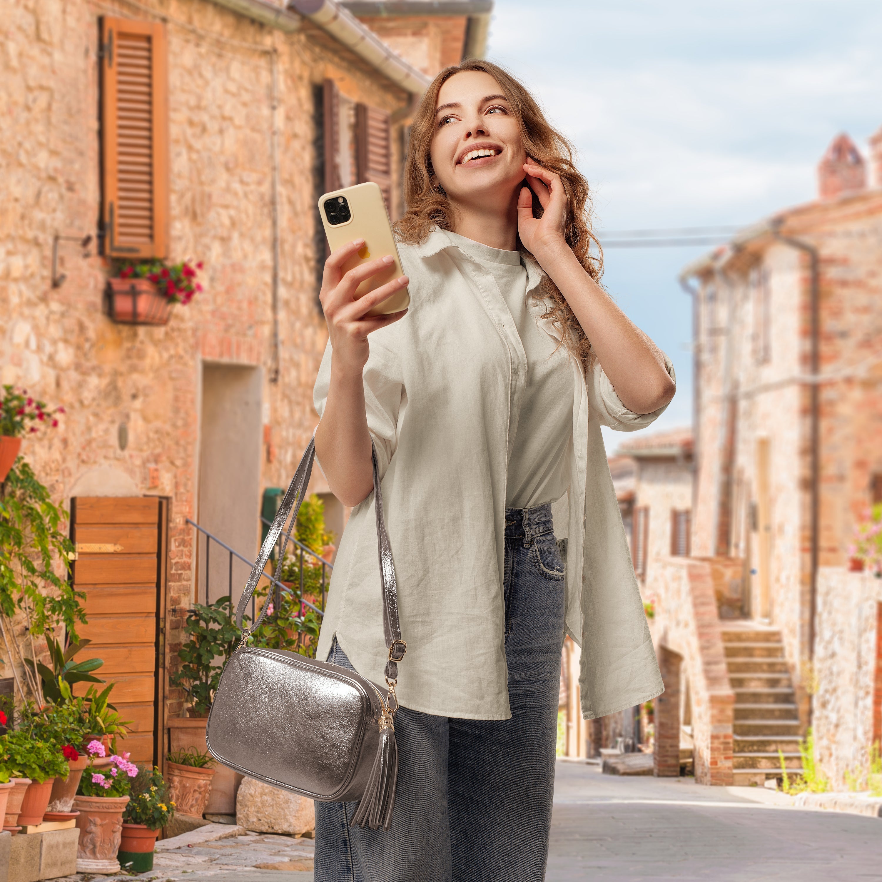 Metallic Suede Leather Crossbody Bag 231302